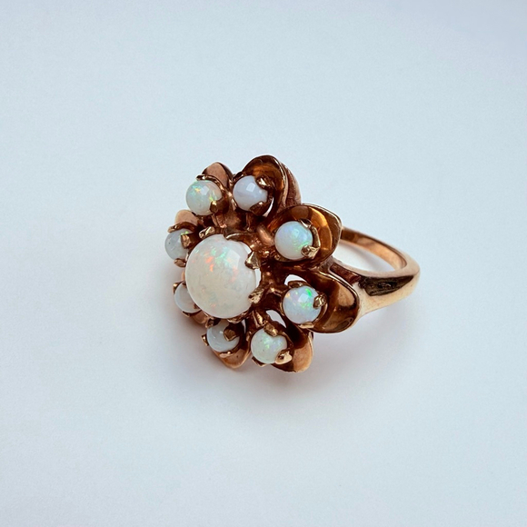 Estate 14K Solid Yellow Gold Australian Opal Vintage Atomic Retro Cocktail Ring - Picture 9 of 12